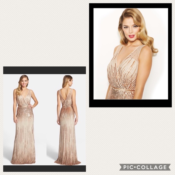 Adrianna Papell rose gold sleeveless beaded long gown - Picture 2 of 9